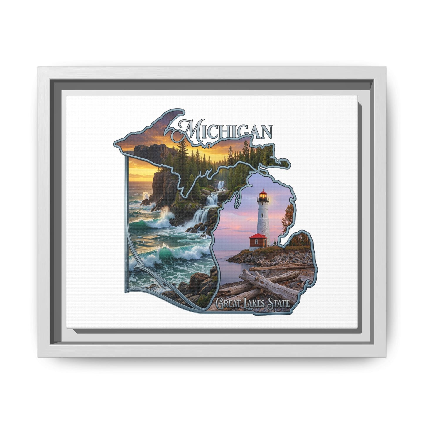 Michigan Framed Canvas Wall Art — Great Lakes State Lighthouse & Shoreline Print