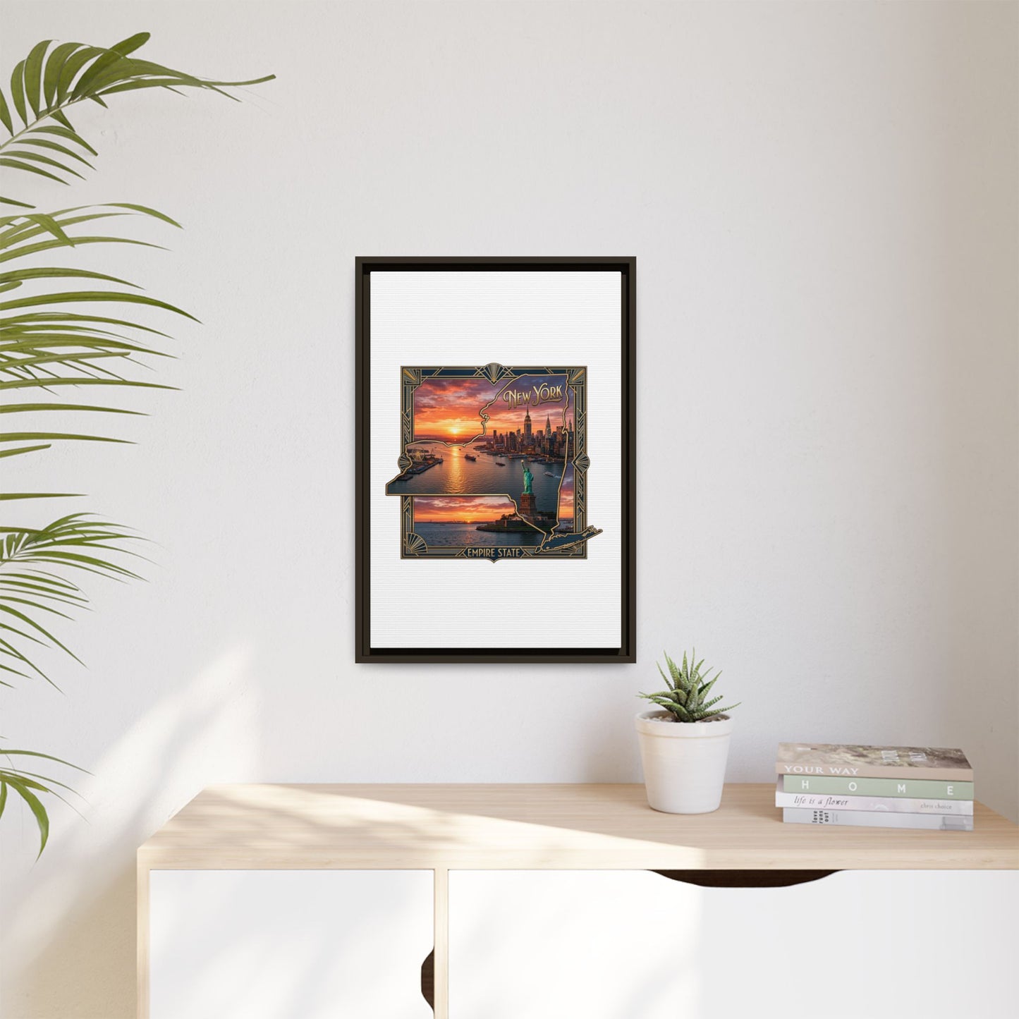 Framed Matte Canvas Wall Art — New York City Sunset Skyline with Statue of Liberty