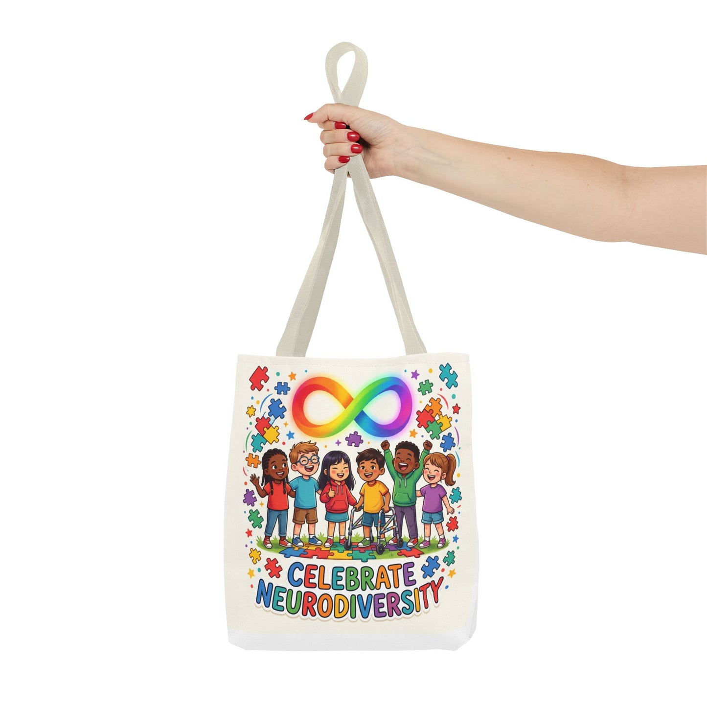 Celebrate Neurodiversity Tote Bag — Rainbow Infinity Symbol & Kids Design