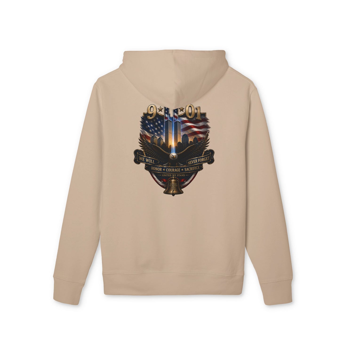 Patriotic Guardian Hoodie — 9/11 Tribute with American Flag & Twin Towers Emblem