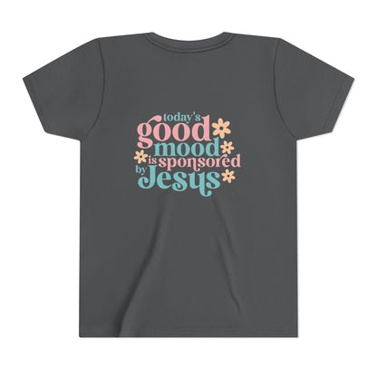 Youth Tee – "Today's Good Mood is Sponsored by Jesus" Retro Floral Christian Shirt