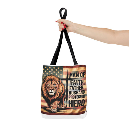 Tote — "Man of Faith, Father, Husband, Protector, Hero" Patriotic Lion Tote