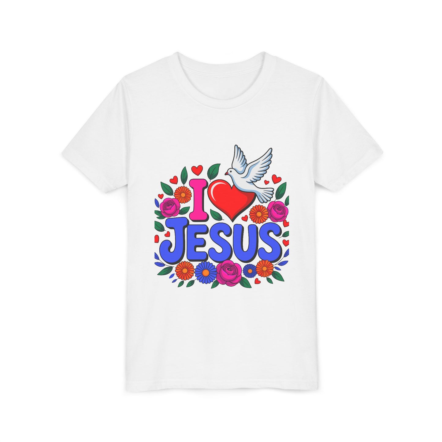 Youth Tee — "I  Jesus" Colorful Dove & Floral Christian Shirt