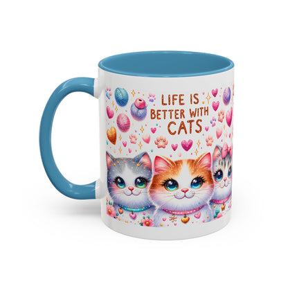 Cat Lover Accent Coffee Mug — "Life Is Better With Cats" Cute Kittens Design (11/15oz)