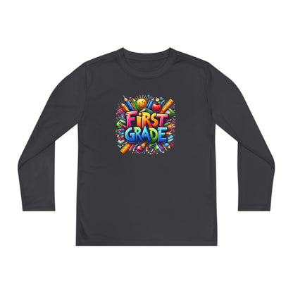 First Grade Youth Long Sleeve Tee — Colorful Back-to-School Shirt