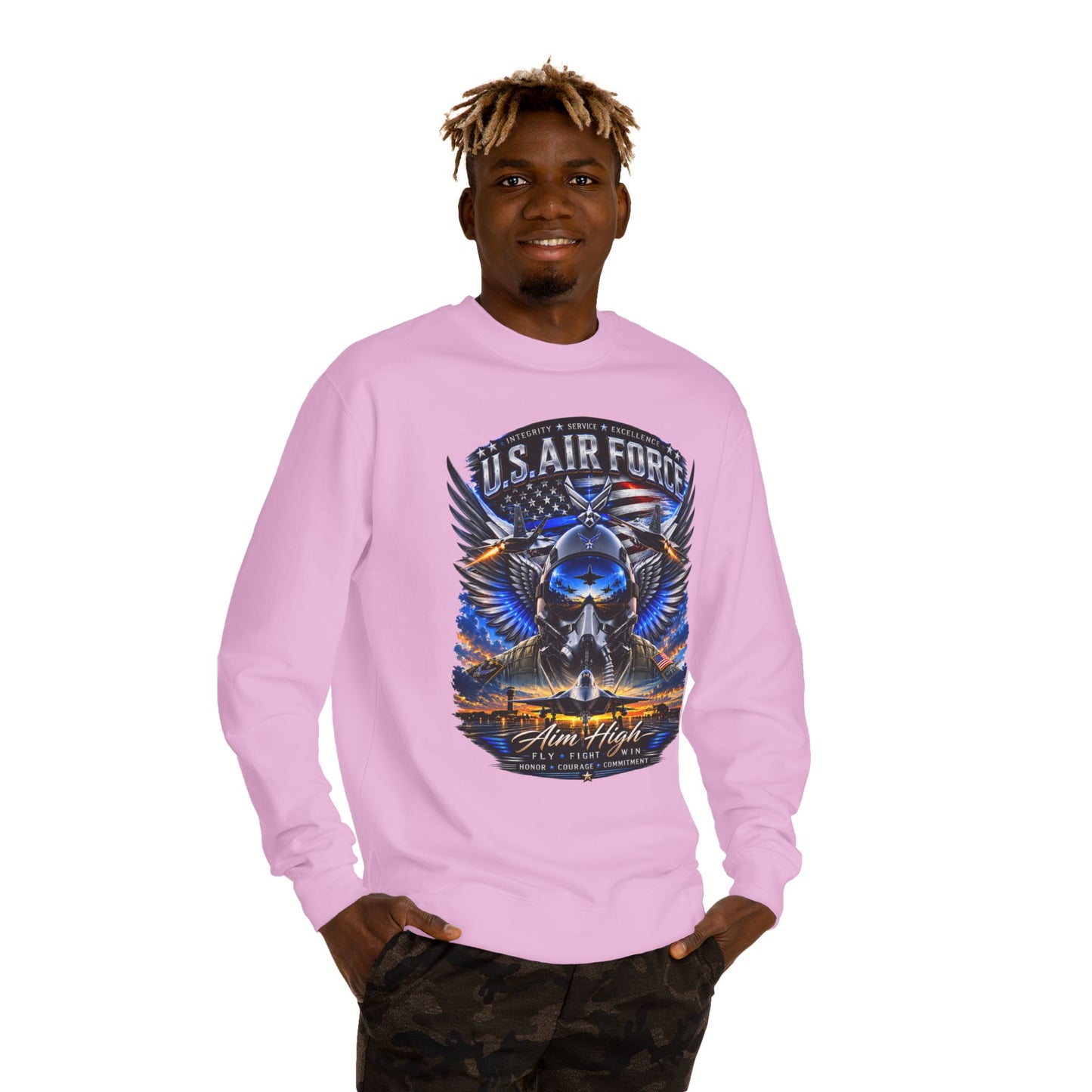U.S. Air Force Crewneck Sweatshirt — "Aim High" Fighter Jet Graphic