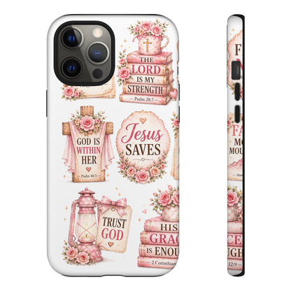Christian Phone Case — Jesus Saves Floral Tough Case with 'God Is Within Her' & 'Trust God' Design