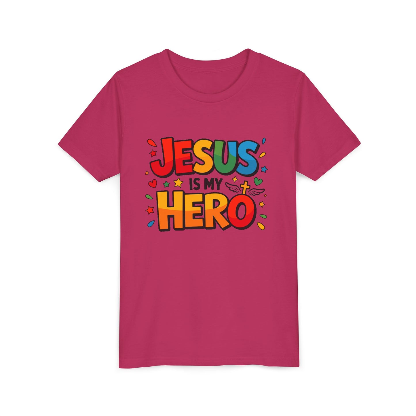 Youth Tee — "Jesus Is My Hero" Colorful Kids Christian T-Shirt