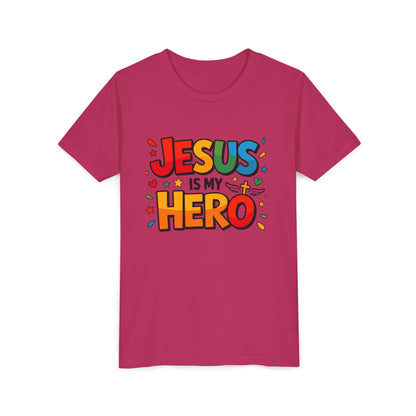 Youth Tee — "Jesus Is My Hero" Colorful Kids Christian T-Shirt