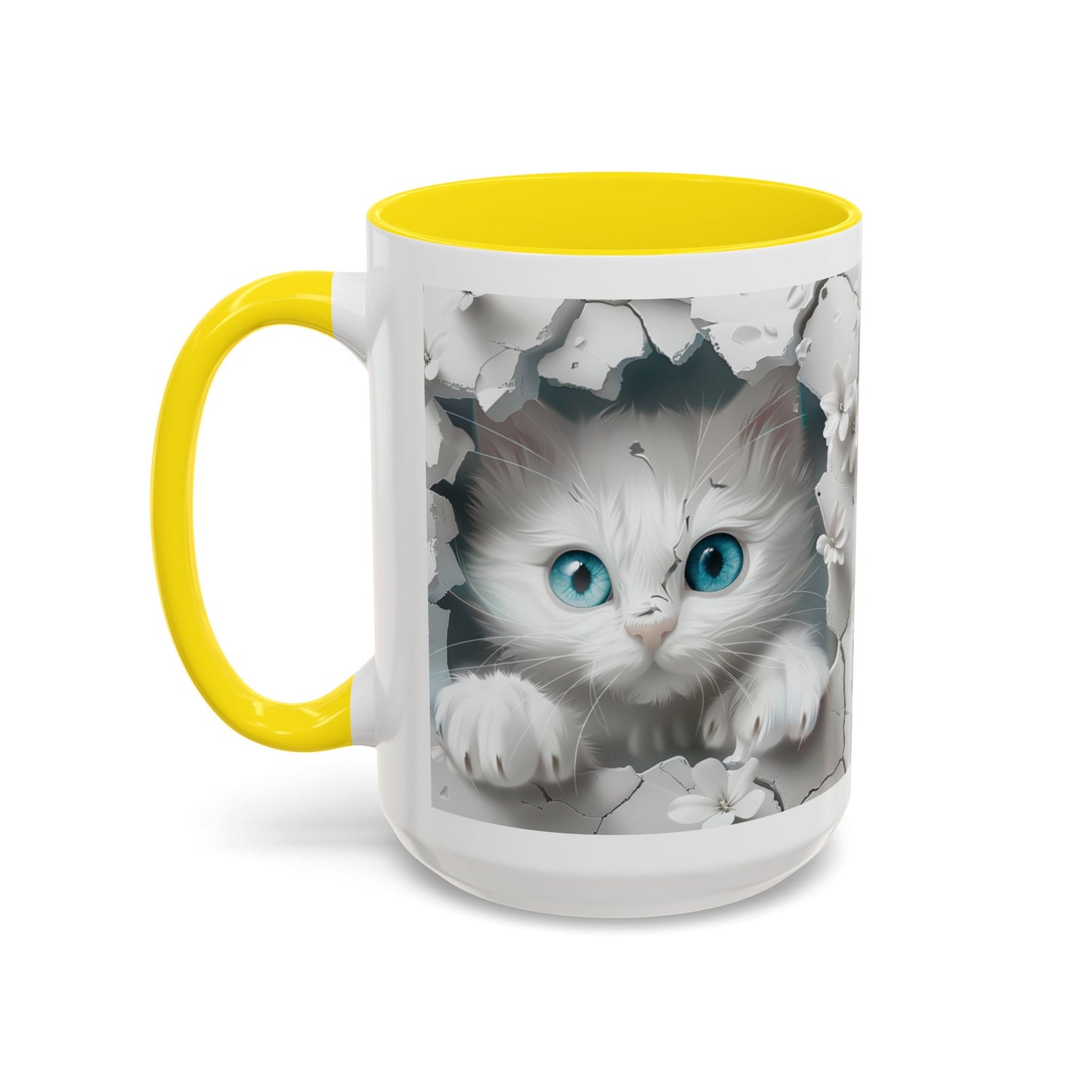 Cute Blue-Eyed Kitten Accent Coffee Mug – Floral Peekaboo Cat Design (11/15 oz)
