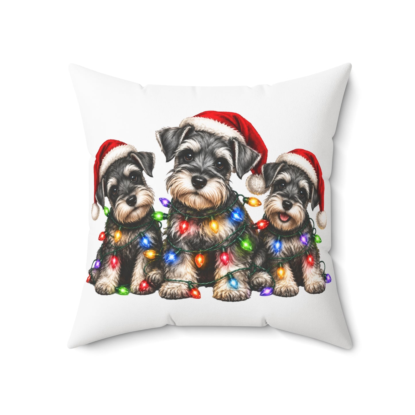 Schnauzer Puppies Christmas Pillow - Holiday Dogs with Santa Hats & String Lights Decorative Pillow