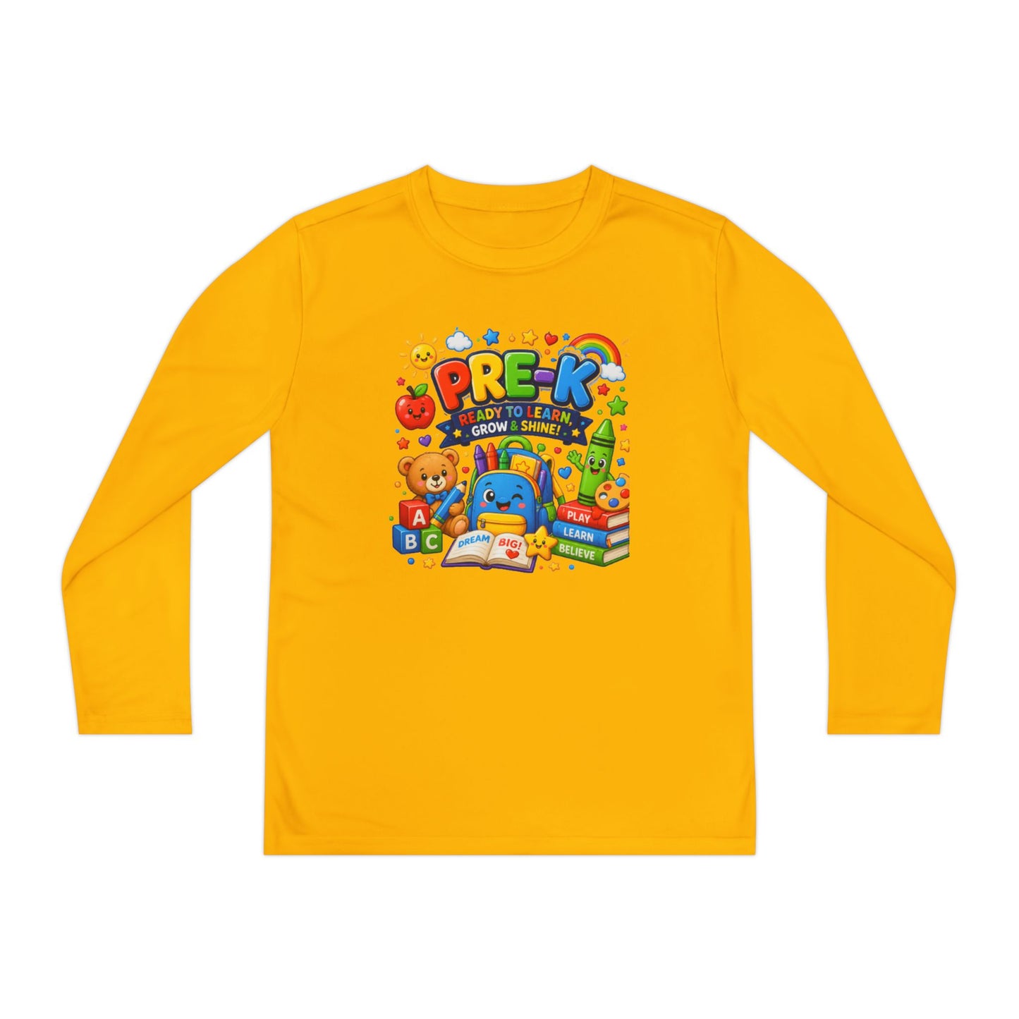 PRE-K Kids Long Sleeve Tee — Back-to-School Preschool Shirt ("Ready to Learn, Grow & Shine")