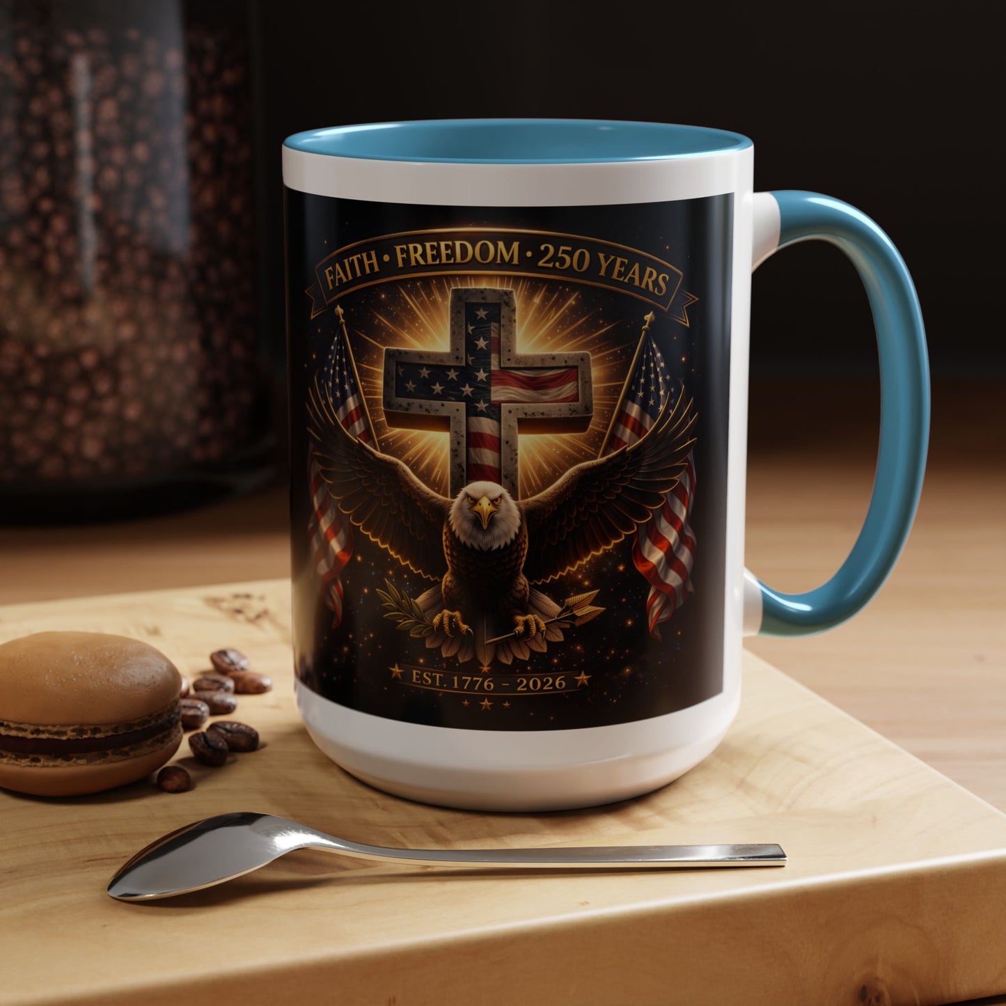Patriotic Faith & Freedom Accent Coffee Mug — Eagle, Cross & American Flag (1776–2026)