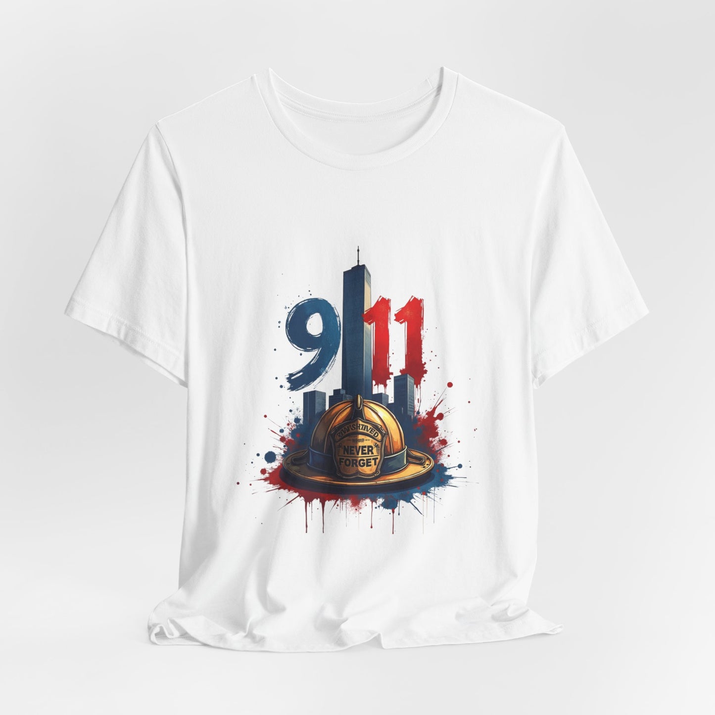 9/11 Firefighter Memorial Tee — Tribute T-Shirt with Helmet & Twin Towers Design