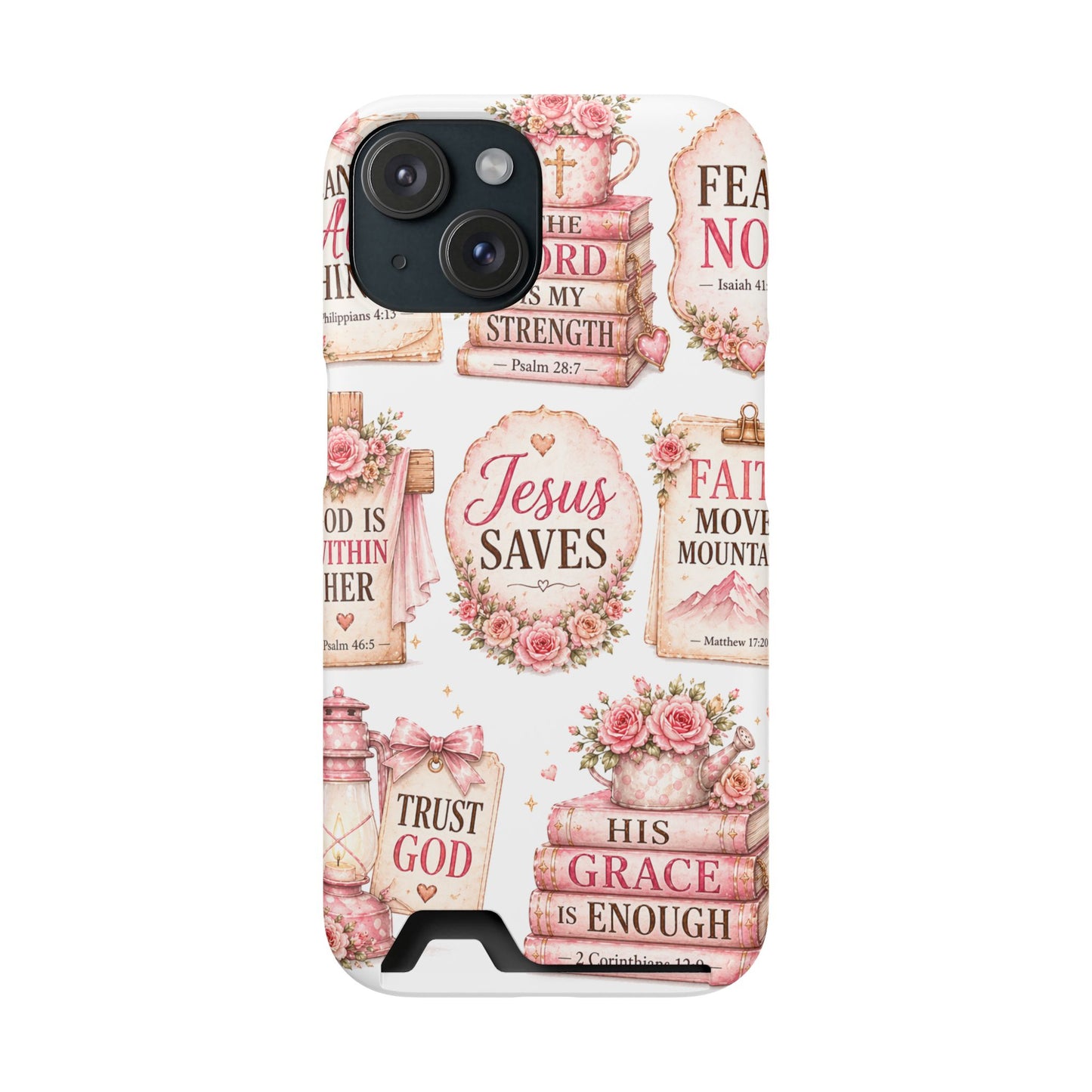 Christian Phone Case with Card Holder — 'Jesus Saves' Floral Scripture Design