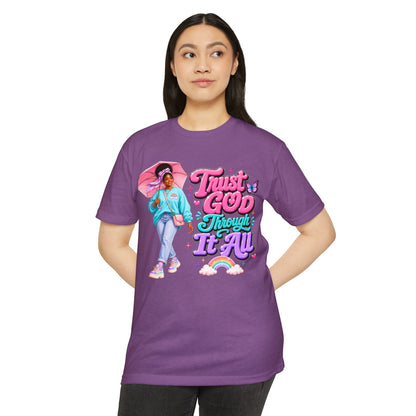 Trust God Through It All T-Shirt — Inspirational Faith Tee with Colorful Girl Illustration