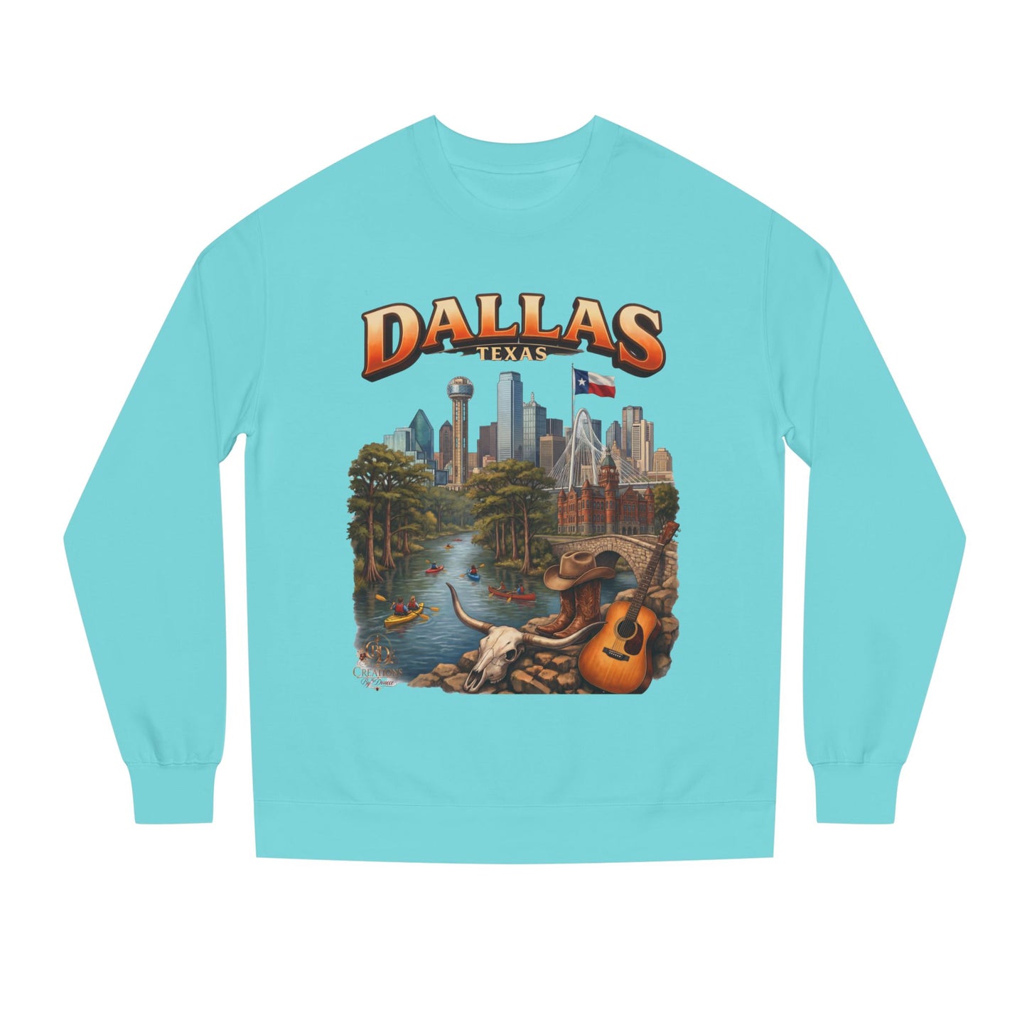 Dallas Skyline Crewneck Sweatshirt — Texas Cityscape & Acoustic Guitar Design