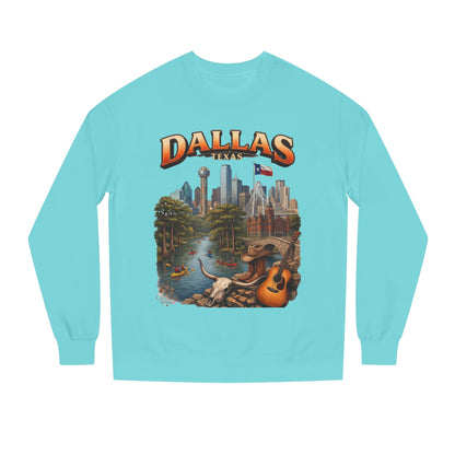 Dallas Skyline Crewneck Sweatshirt — Texas Cityscape & Acoustic Guitar Design