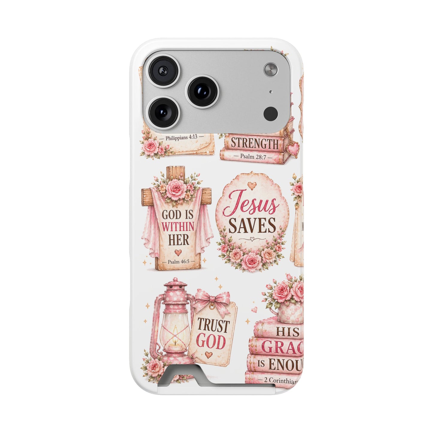 Christian Floral Phone Case with Card Holder — 'Jesus Saves' Inspirational Design