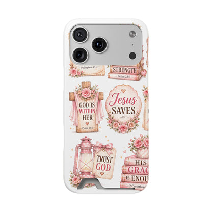 Christian Floral Phone Case with Card Holder — 'Jesus Saves' Inspirational Design