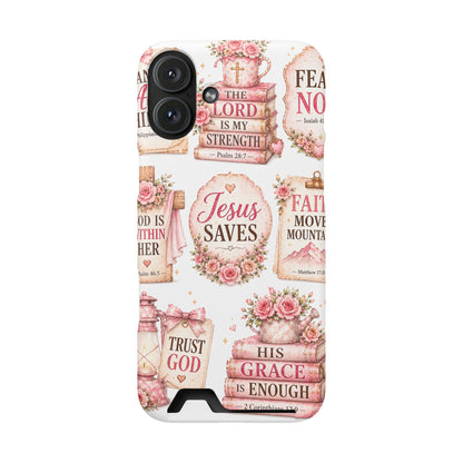 Christian Phone Case with Card Holder — 'Jesus Saves' Floral Scripture Design