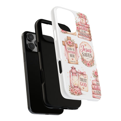 Christian Phone Case — Jesus Saves Floral Tough Case with 'God Is Within Her' & 'Trust God' Design