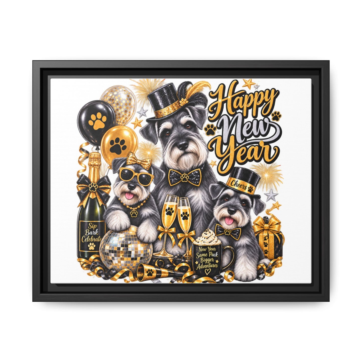 Happy New Year Schnauzer Holiday Canvas Print — Framed Matte Wall Art