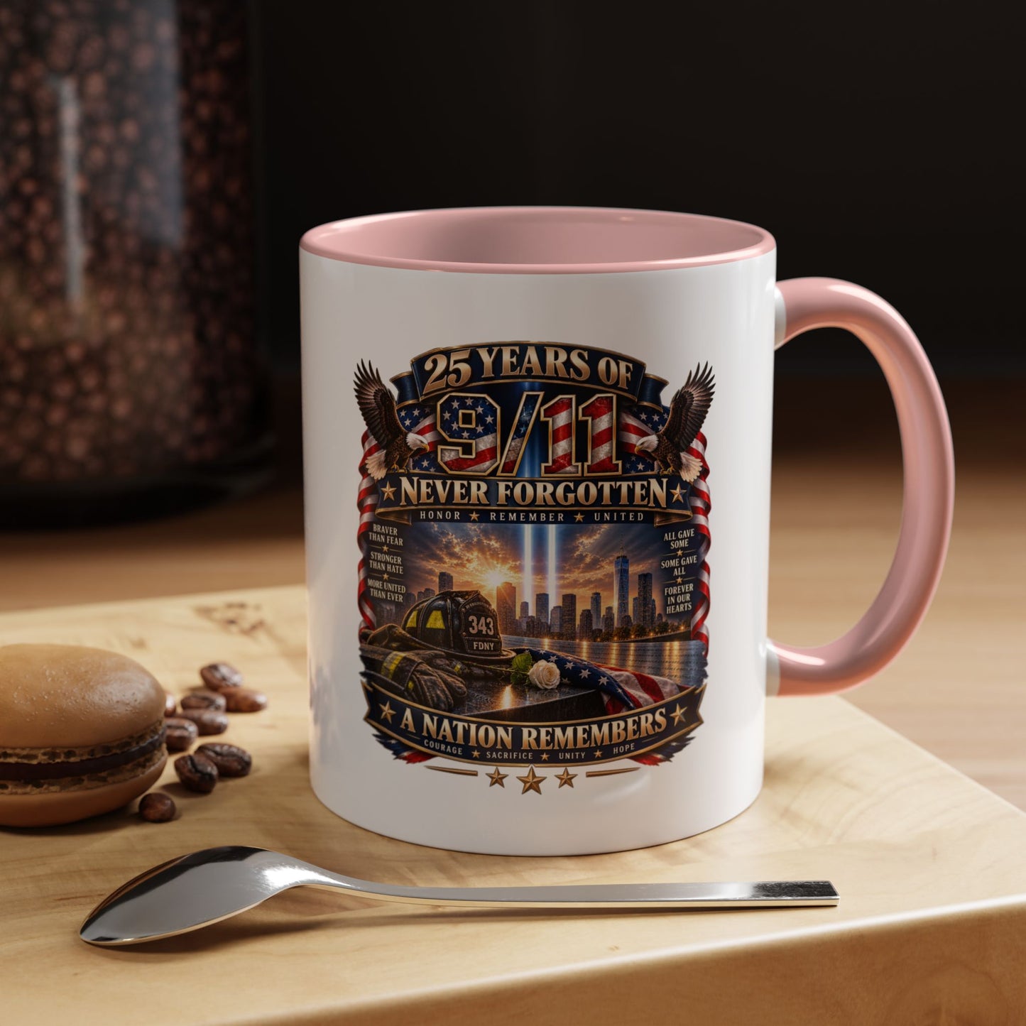 9/11 Memorial Coffee Mug — "25 Years of Never Forgotten" Patriot Tribute