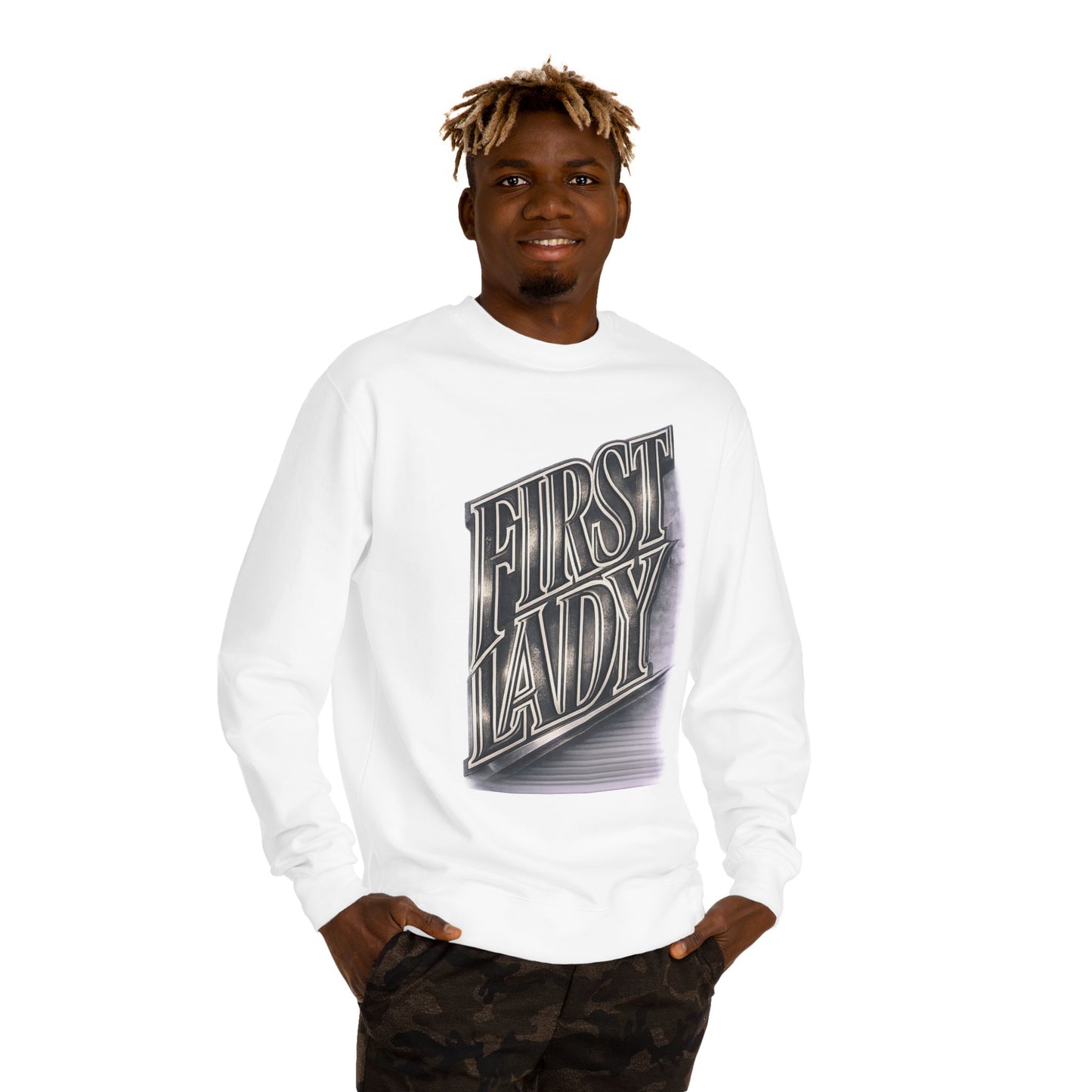 First Lady Graphic Sweatshirt — Retro Metallic Typography Crewneck