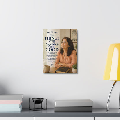 All Things Work Together For Good Stretched Canvas – Romans 8:28 Inspirational Christian Wall Art