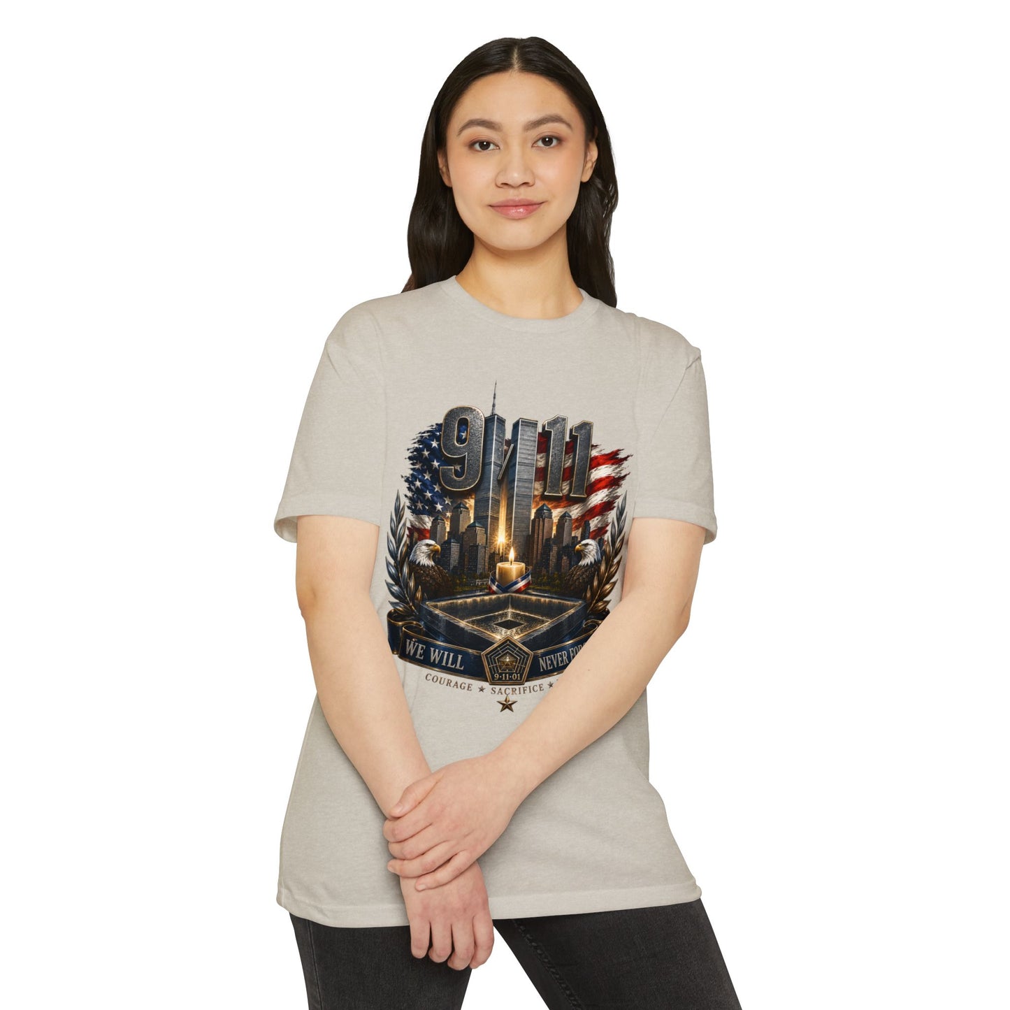 9/11 Never Forget Memorial T-Shirt — Tribute American Flag Skyline Tee