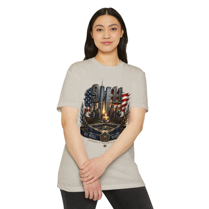 9/11 Never Forget Memorial T-Shirt — Tribute American Flag Skyline Tee