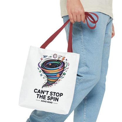 Tote Bag — “Can’t Stop The Spin” ADHD Mind Colorful Tornado Tote