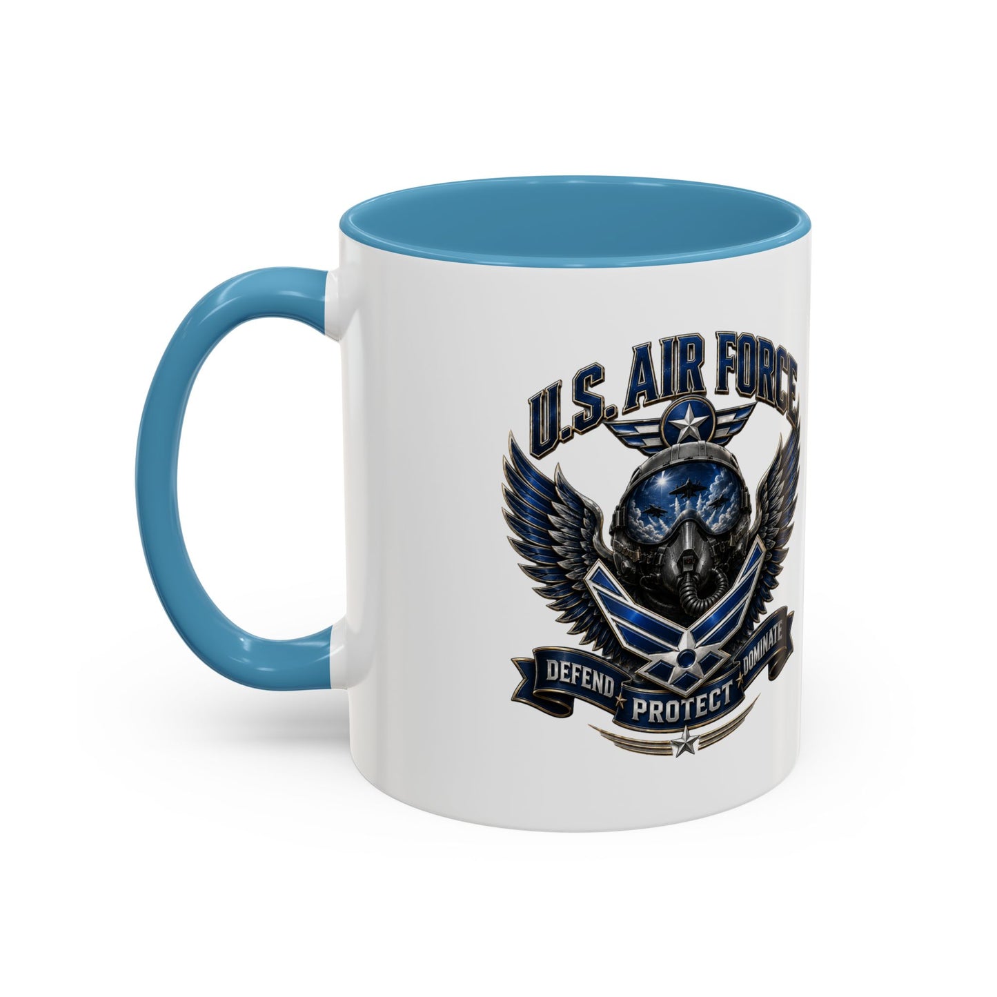 U.S. Air Force Emblem Accent Coffee Mug — Defend Protect Dominate (11/15oz)