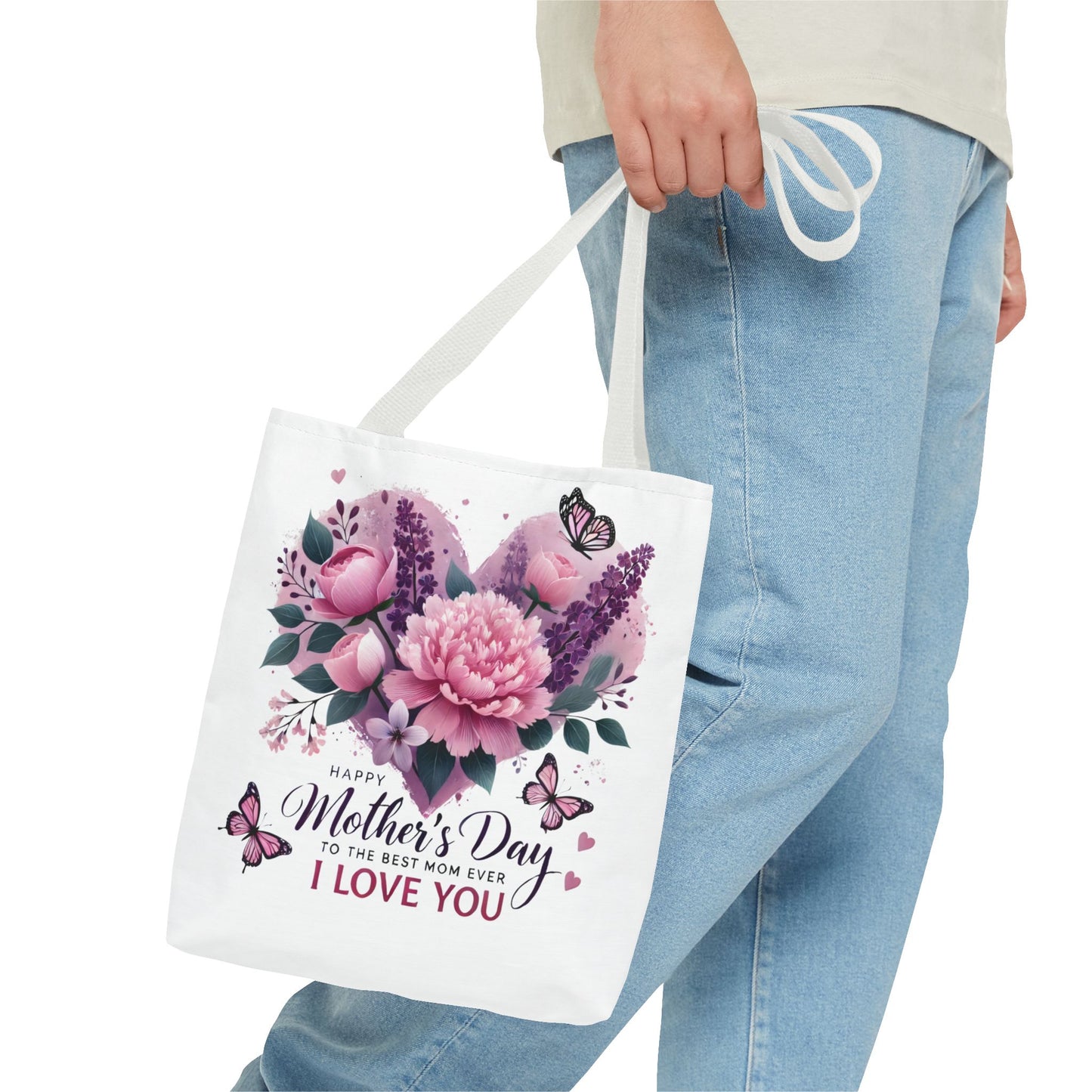 Mother's Day Floral Tote Bag - "Happy Mother's Day I Love You" Heart Bouquet