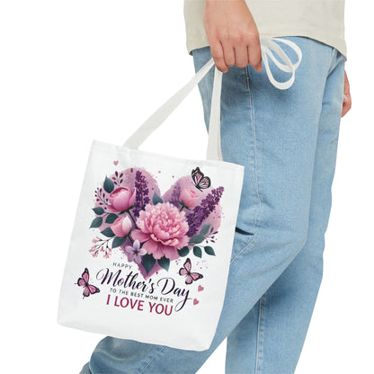 Mother's Day Floral Tote Bag - "Happy Mother's Day I Love You" Heart Bouquet
