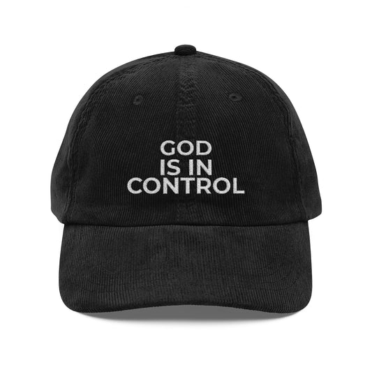 God Is In Control Corduroy Cap — Vintage Embroidered Christian Baseball Hat
