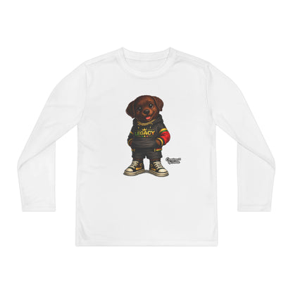 Kids Long Sleeve Tee — Brown Puppy Wearing 'Legacy' Hoodie Graphic