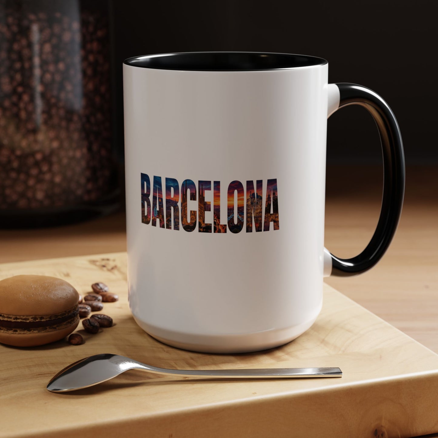 Barcelona Accent Coffee Mug — Scenic Cityscape Text Travel Souvenir (11/15oz)