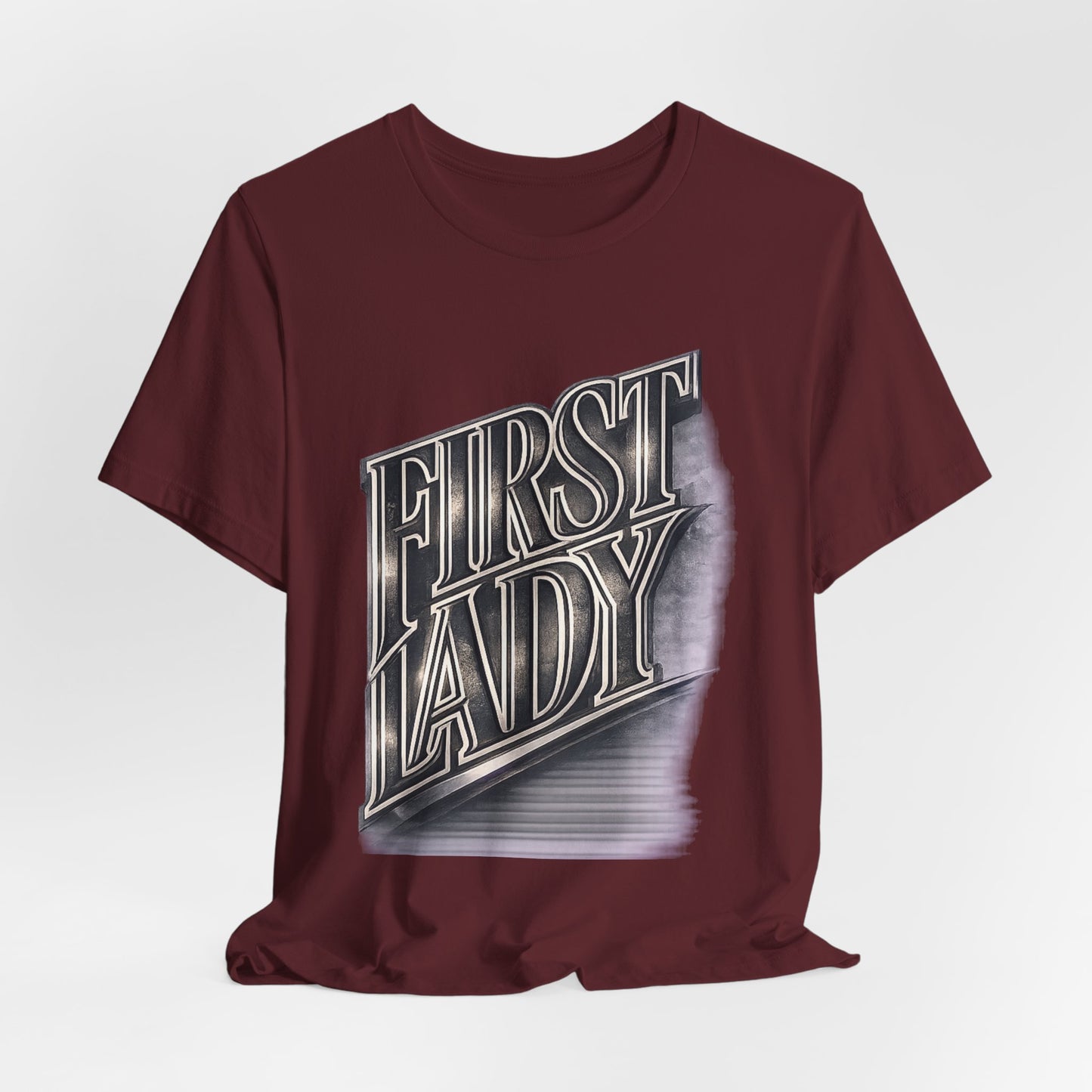 First Lady Graphic Tee — Retro Metallic Script Short Sleeve Shirt