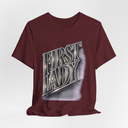 First Lady Graphic Tee — Retro Metallic Script Short Sleeve Shirt