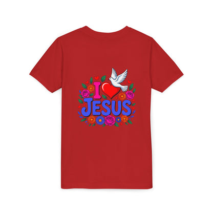 Youth Tee — "I  Jesus" Colorful Dove & Floral Christian Shirt