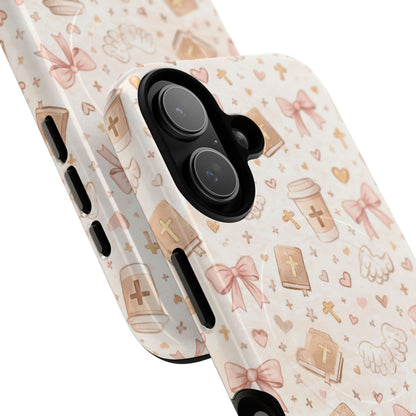 Christian Pattern Phone Case — Cute Cross, Bible & Dove Tough Magnetic Case