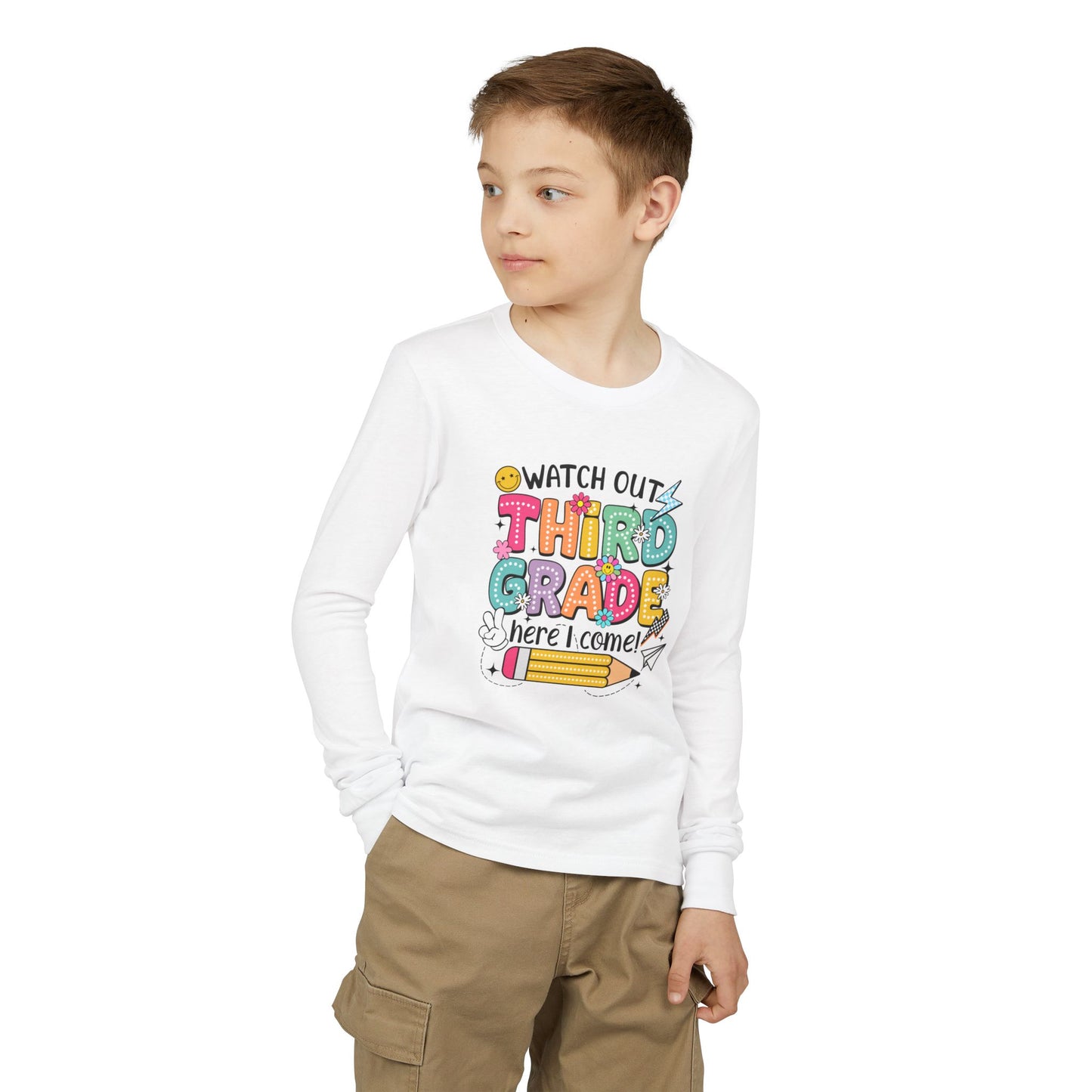 Youth Long Sleeve Tee "Watch Out Third Grade Here I Come" Back-to-School Shirt