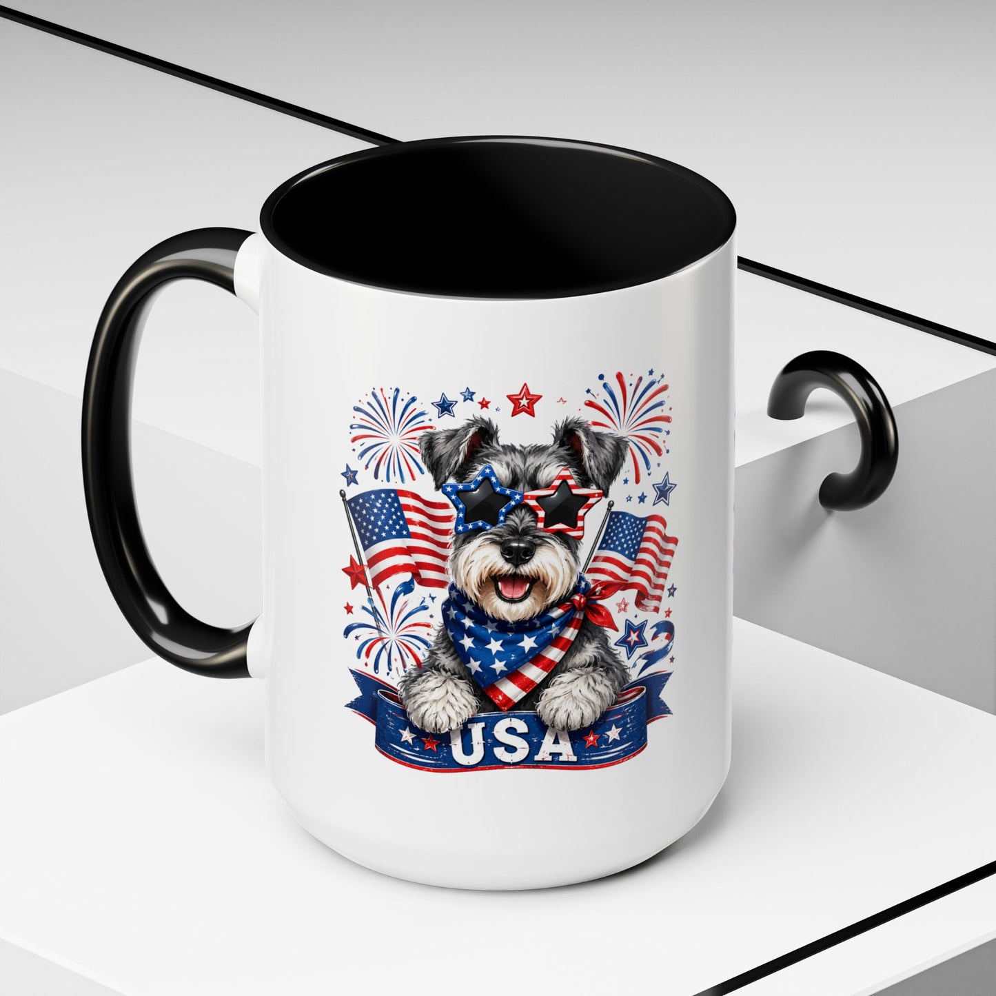 Patriotic Schnauzer Coffee Mug – USA Flag, Fireworks Accent Mug (11/15oz)