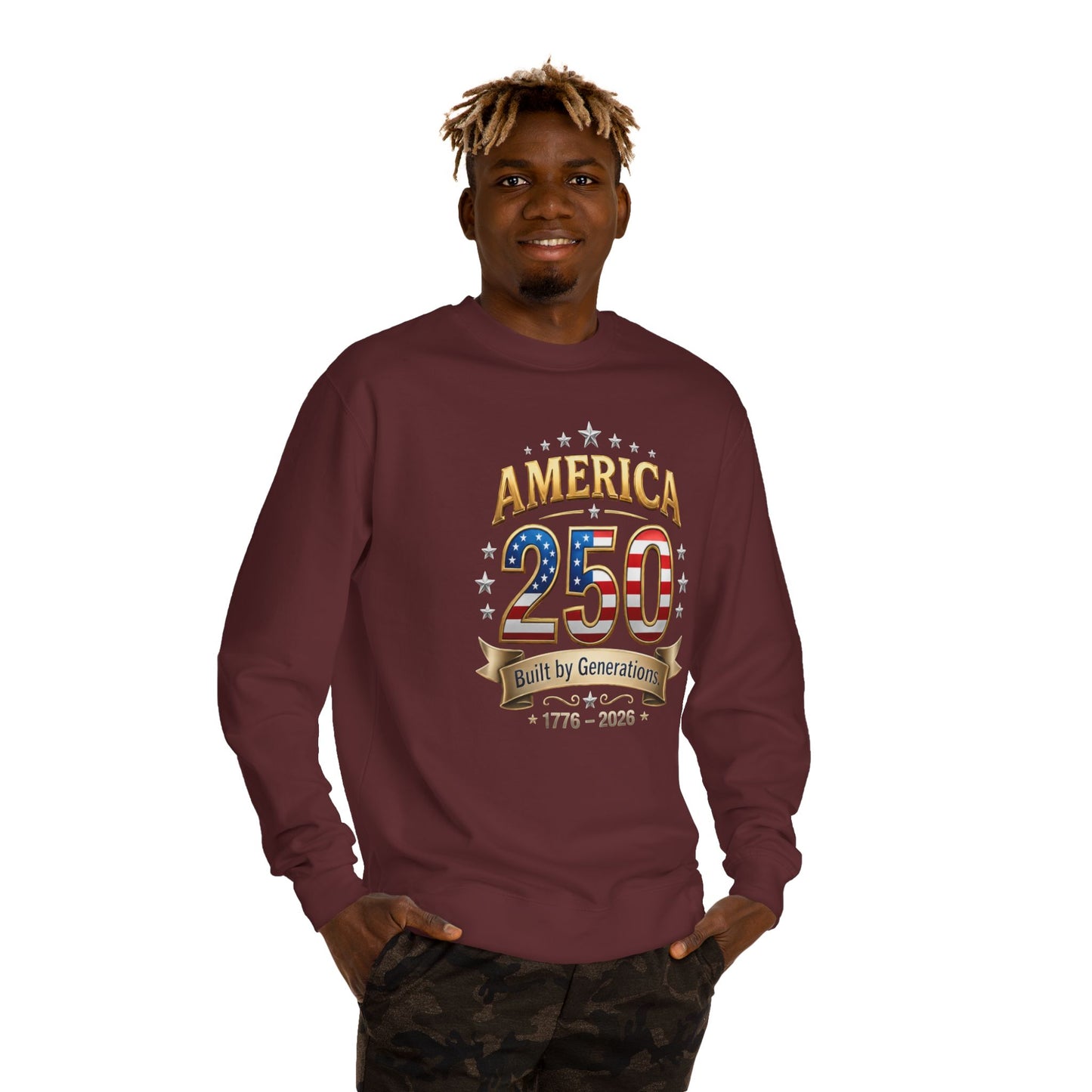 America 250 Sweatshirt — 'Built by Generations' 1776–2026 Patriotic Crewneck
