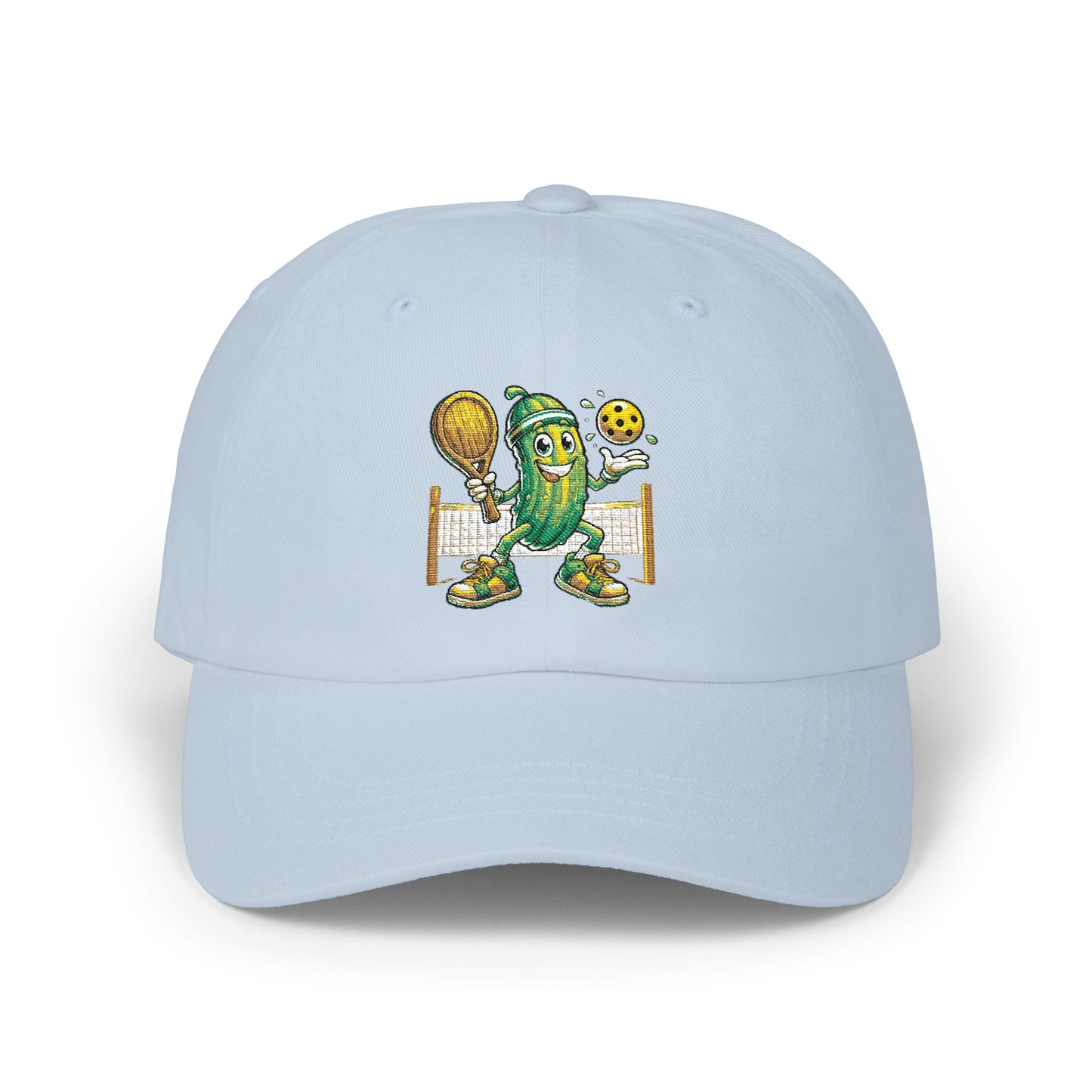 Pickleball Pickle Dad Cap — Retro Pickle Character Embroidered Baseball Hat