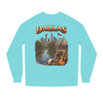 Dallas Skyline Crewneck Sweatshirt — Texas Cityscape & Acoustic Guitar Design
