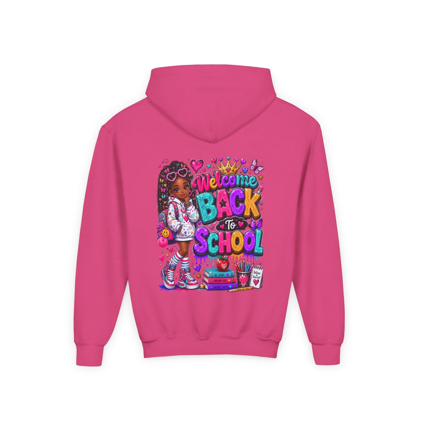 Welcome Back to School Youth Hoodie — Colorful Girl Backpack Design