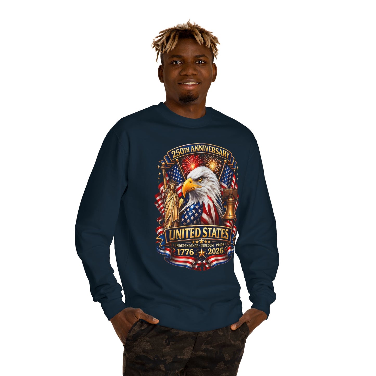 250th Anniversary United States Crewneck Sweatshirt — Eagle & American Flag 1776–2026